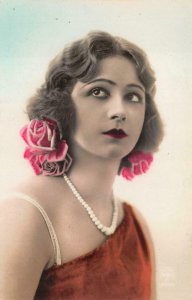 RPPC BEAUTIFUL WOMAN ROSES PEARLS FRANCE GLAMOUR REAL PHOTO POSTCARD