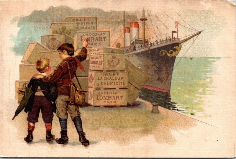 Advertising Postcard Chocolat Lombart Paris Boxes Ship Dock Chocolate~3870