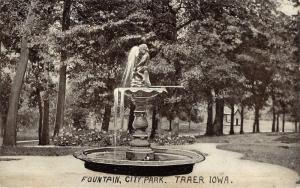 Traer Iowa~City Park Fountain~Flower Bed-Trees-Shed in Background~1911 Postcard