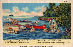 Exaggeration Fishing, Greetings from Wampler Lake MI Vintage Postcard L75