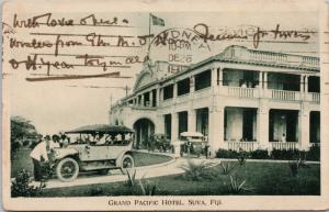 Grand Pacific Hotel Suva Fiji People Old Autos Stamp c1917 Postcard E45