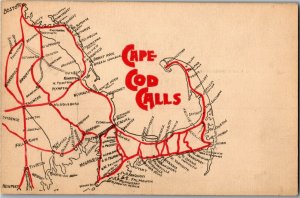 MA Map with Routes Marked, Cape Cod Calls Vintage Postcard I30