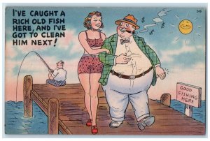 c1930's Woman Rich Old Fat Man Cigarette Smoke Fishing Sign Vintage Postcard