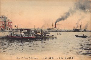 c.'06 Early Japanese Art , View of Pier, Yokohama, Ships, Old Postcard