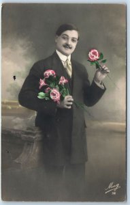 c1910s French Handsome Young Man Rose Flower RPPC 16 yo Mug Real Photo PC A136