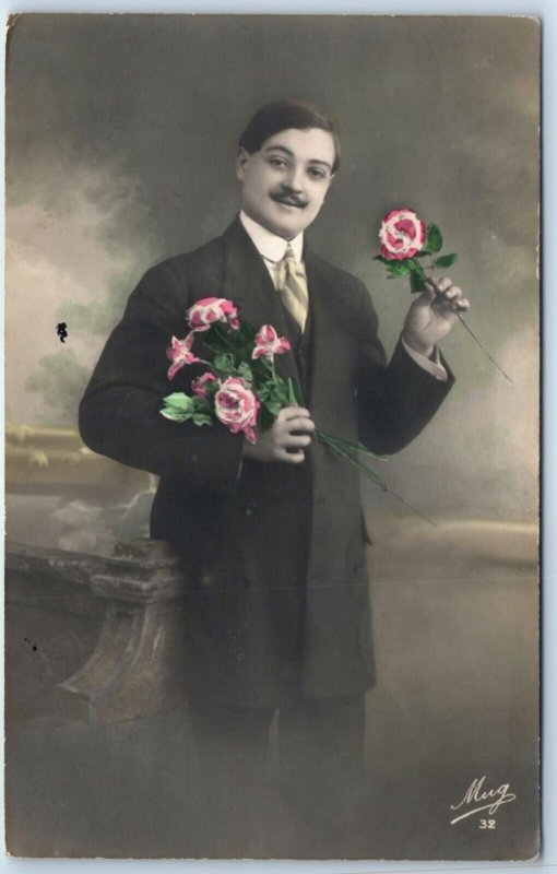 c1910s French Handsome Young Man Rose Flower RPPC 16 yo Mug Real Photo PC A136