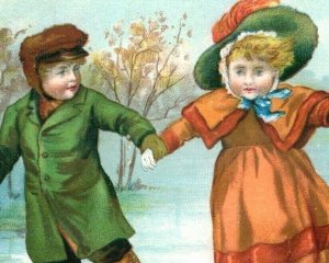 1880s-90s Kuhns & Hauser Shoe Store Children Ice-Skating Winter Scene #5D