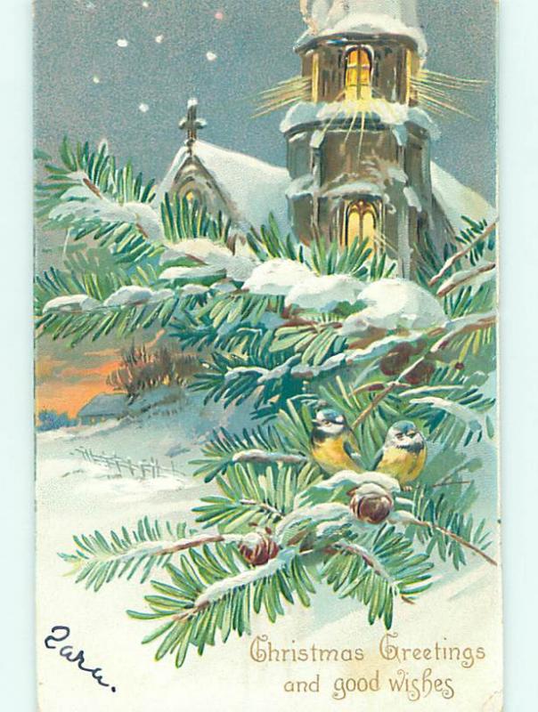 Pre-1907 christmas CUTE BIRDS SITTING IN PINE BRANCHES BESIDE CHURCH HQ6129