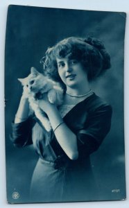 London Postcard Pretty Woman With Cat Kitten Studio c1910's Posted Antique