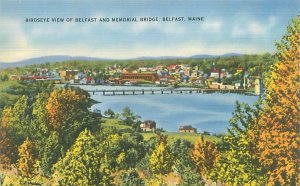 Belfast Maine and Memorial Bridge Birdseye View Linen Postcard Unused