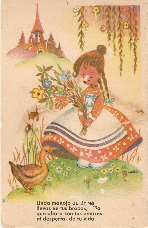 Little girl in fairy land with flowers bouquet, duckcNice spanish PC 1950s