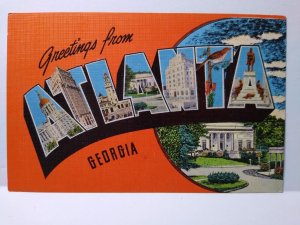 Greetings From Atlanta Georgia Large Big Letter Linen Postcard Unused Kropp GA