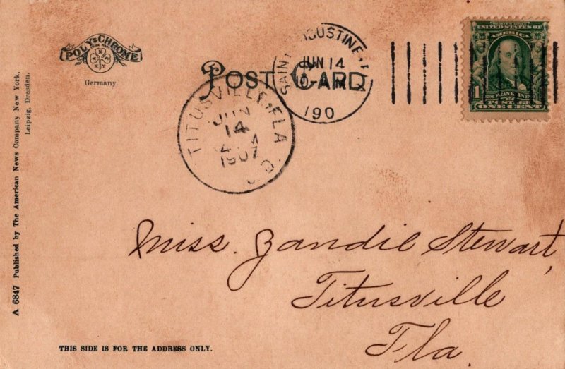 POST OFFICE ST. AUGUSTINE FLORIDA POSTCARD 1907