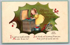 Ethel Dewees Christmas~Excited To See You~Girl w/Trunk~Gold~Ernest Nister~c1910