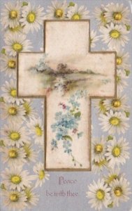 Silk Card Happy Easter With Beautiful Cross & Flowers