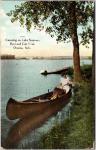 Canoe on Lake Nakomis, Rod and Gun Club, Omaha NE Vintage Postcard H01