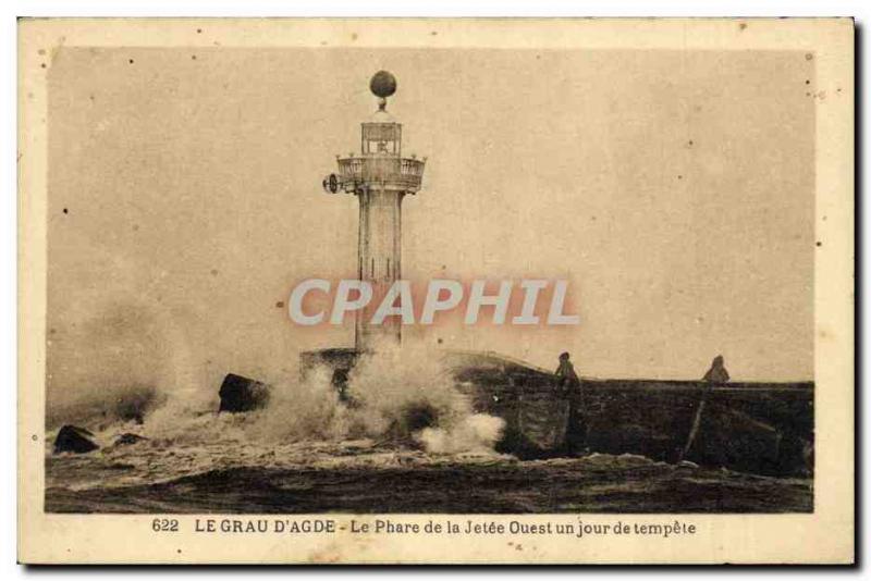 Old Postcard Lighthouse West pier one day storm Grau d & # 39Agde