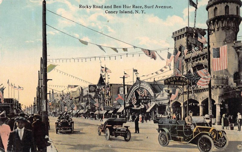 ROCKY ROAD & BEN HUR RACE SURF AVE CONEY ISLAND NEW YORK POSTCARD (c. 1910)