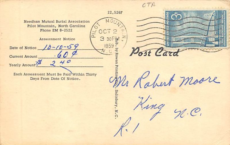 Funeral Home Post Card Needham Funeral Home Pilot Mountain, NC USA 1959