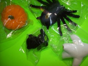 Vintage Halloween Flocked Toys Black Widow Spider Cat Ghost NOS 1960s Hong Kong
