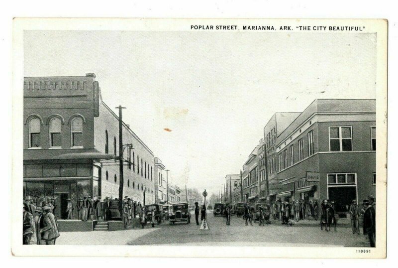 Marianna Arkansas Postcard Street View Poplar Street Autos People #75550