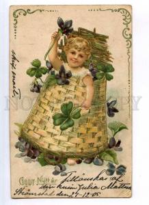 245399 NEW YEAR Little Boy Basket VIOLETS Vintage EMBOSSED PC