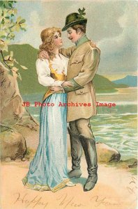 Romance, Young Couple Embracing on the Lake Shore, New Year Greeting