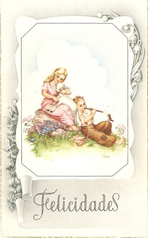 Children couple with a lamb Lovely vintage Spanish Greetings PC