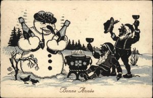 Bonne Annee New Year Silhouette Snowman and Gnomes Drink Toast Vintage PC