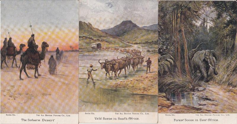 Africa sceneries vintage artist postcards buffaloes elephant Sahara desert x 3