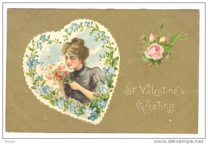 St. Valentine's Greeting, Insert of woman holding flowers, PU-1908