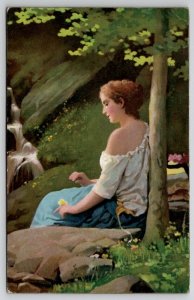 The Butterfly By Johann Georg Meyer Pretty Woman In Forest Art  Postcard A37