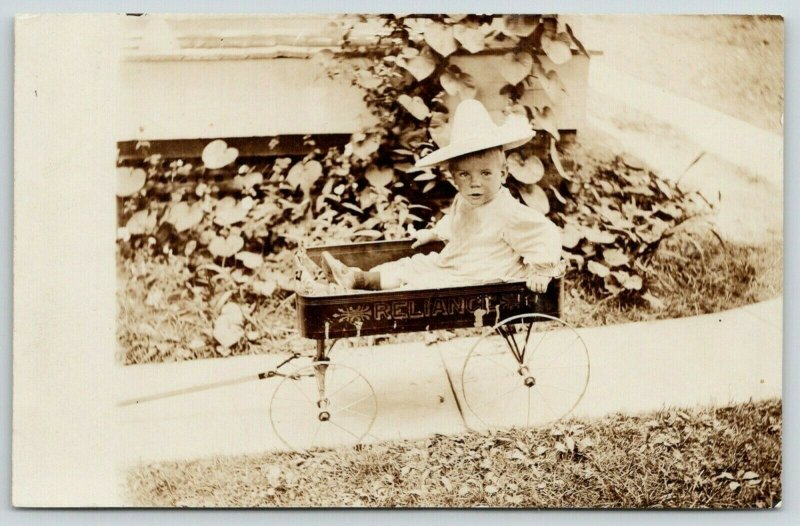 RPPC Baby Girl w/Pretty Hat Fits Snug in Her Reliant Brand Toy Wagon~Spokes~1910 