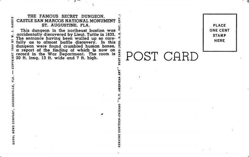 ST AUGUSTINE, FL Florida MAN~SECRET DUNGEON~Castle San Marcos  c1940's Postcard