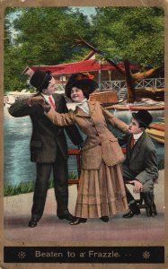 Vintage Postcard 1909 Beaten To A Frazzle Two Men And A Girl Love Triangle Art