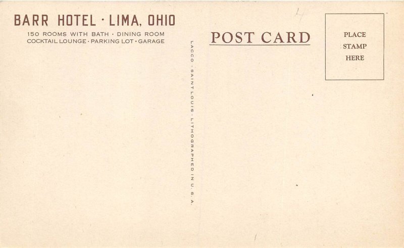 Lima Ohio 1940s Postcard Barr Hotel