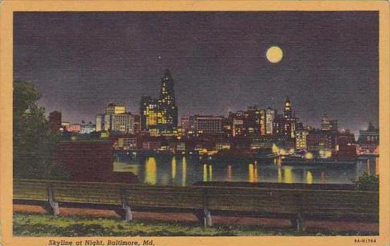 Maryland Baltimore Skyline At Night 1954