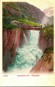 Vtg Postcard Switzerland - Goescheneralp- Wasserfall Waterfall w Foot Bridge