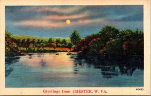 Greetings Chester West Virginia VA Moonlit Sky Lake View Forest Postcard Unused 