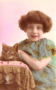 Girl & Cat real photo Unused 