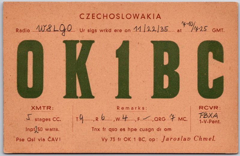 Radio Card OK1BC Czechoslowakia 12/22/35 Amateur Station Posted Postcard