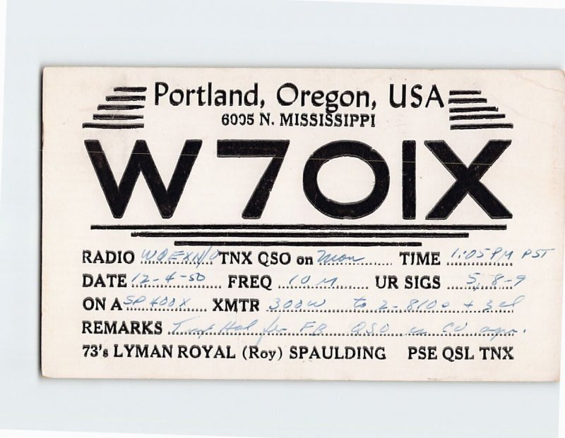 Postcard W7OIX Portland Oregon USA