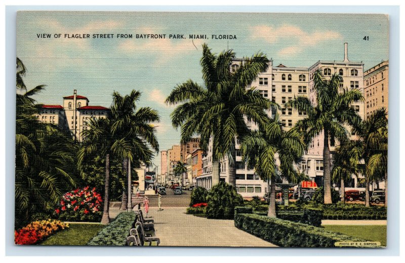 Flagler Street from Bayfront Park Miami Florida Postcard Linen