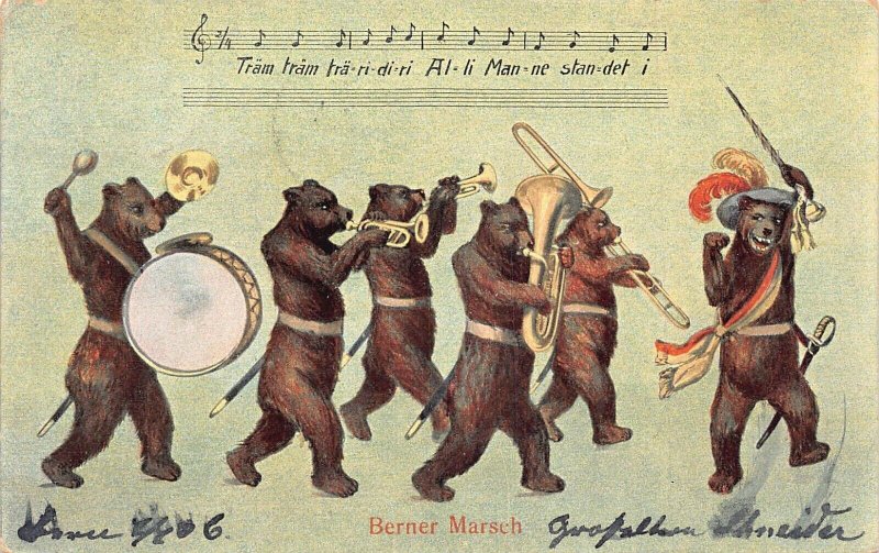 L410 Switzerland 1906 humanized bears orchestra Berner Marsch vintage postcard