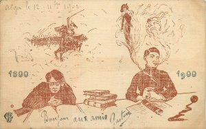 Early 20th century 1902 wooden postcard centennial 1800 versus 1900 allegory