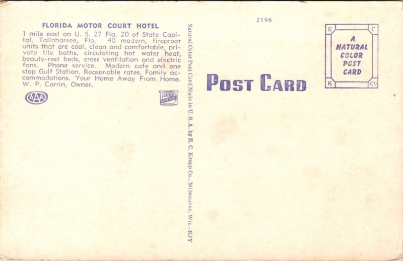 Linen Postcard Florida Motor Court Hotel US 27 in Tallahassee, Florida