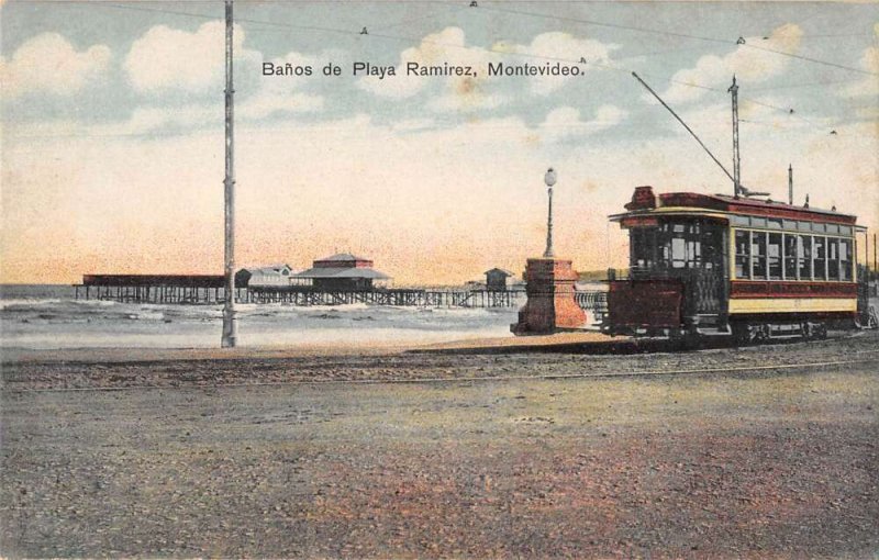 Montevideo Uruguay Playa Ramirez Beach and Pier Trolley Postcard AA43090