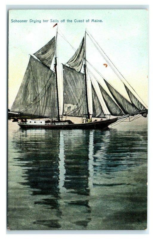 Postcard Schooner Drying her Sails off the Coast of Maine Tuck #5868 T4