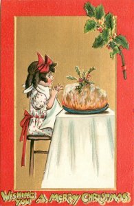 Embossed Christmas Postcard Tuck Crimson and Gold Series 501 Girl & Pudding