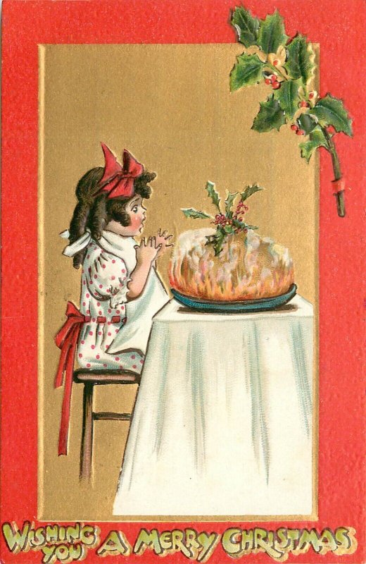 Embossed Christmas Postcard Tuck Crimson and Gold Series 501 Girl & Pudding